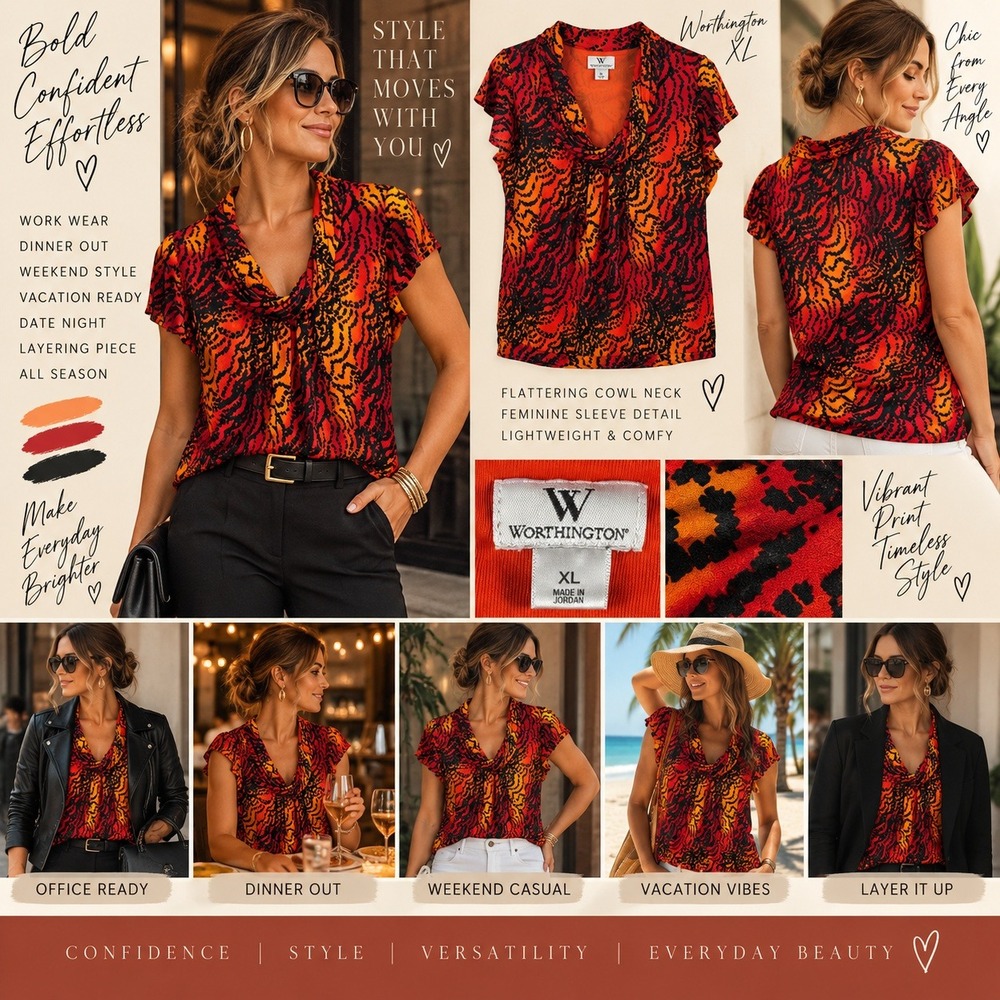 Worthington Blouse XL Orange Red Abstract Animal Print Cowl Neck Flutter Sleeve